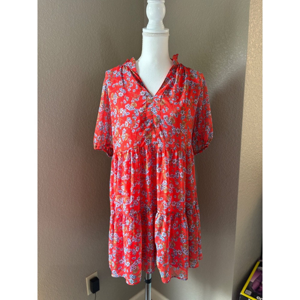 CeCe Red Floral Tiered Babydoll Mini Dress Ruffle V-Neck‎ Short Puff Sleeve M